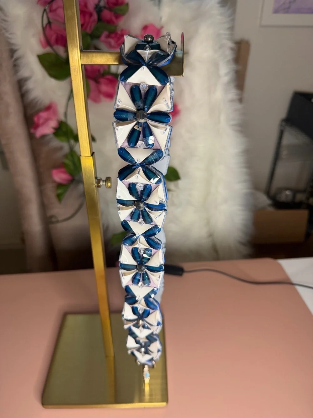 FENDI Light Blue Leather 3D Flower Crystal Strap You Handbag Shoulder Strap